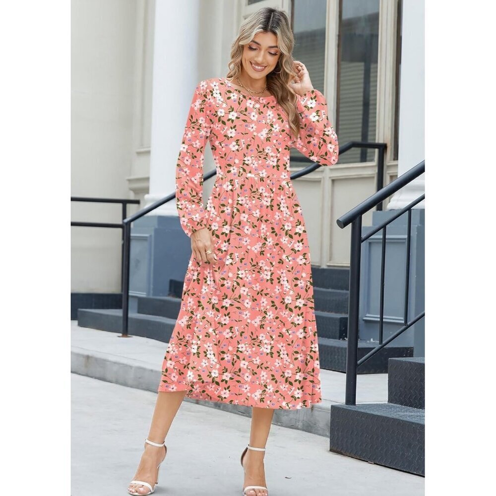 Zeagoo Women Pink Floral Long Sleeve Flowy A-Line Boho Long Dress with Pockets - Picture 2 of 6